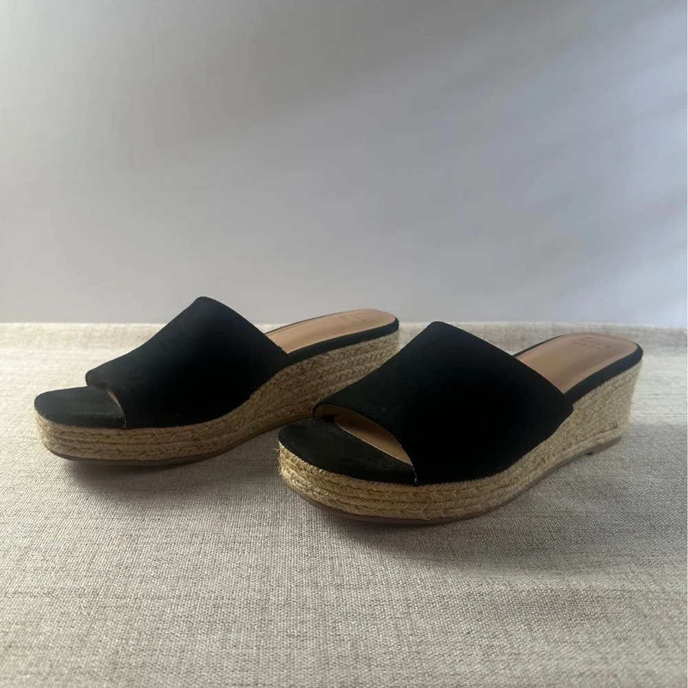 New Day Black Espadrille Wedge Slide Sandals Women's Size 9 Faux Suede